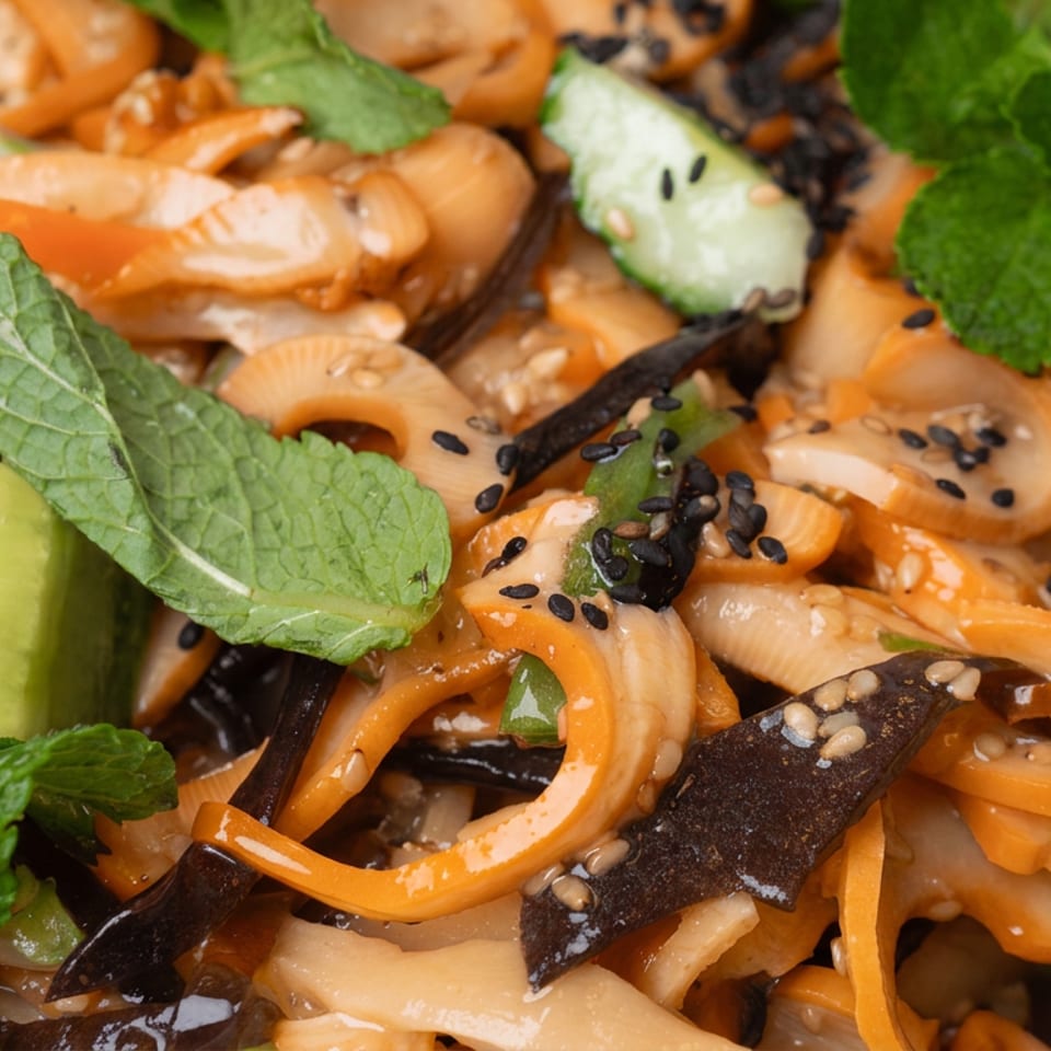 Close-up of saucy shell pasta salad with cucumber, carrot ribbons, black mushrooms, mint leaves, and sesame seeds.