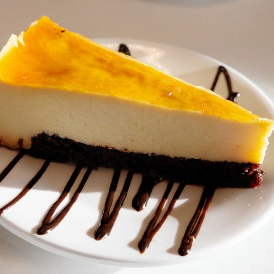 Slice of creamy cheesecake with a golden top and chocolate cookie crust, drizzled with chocolate sauce on a white plate.
