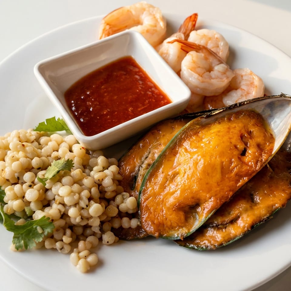Plate of shrimp, mussels, pearl couscous with cilantro, and red dipping sauce.