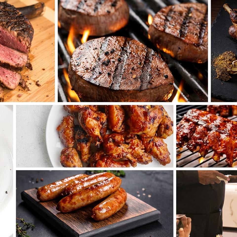 Collage showcasing grilled steaks, roasted chicken, saucy wings, sausages, skewered meat, and plated roasted poultry.