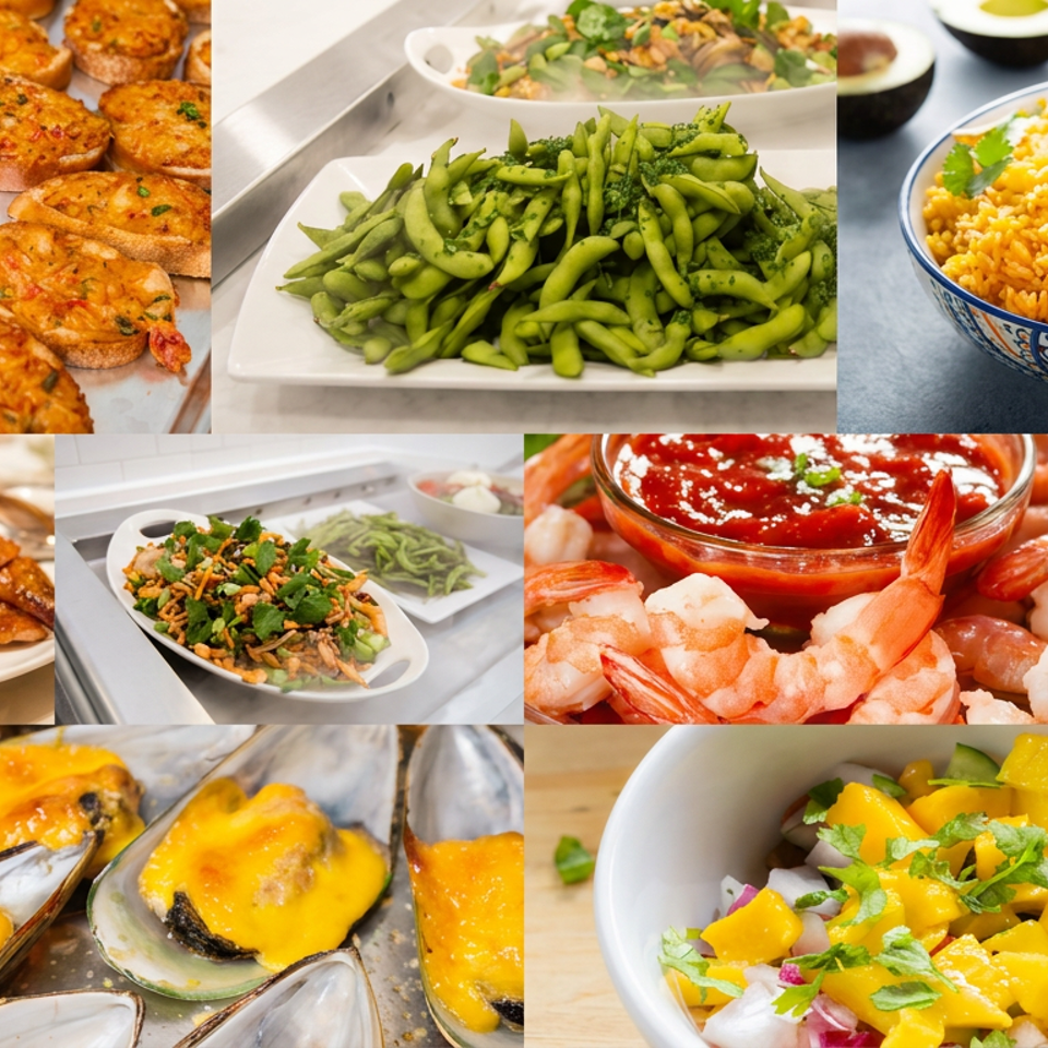 Collage of prepared dishes including cheesy toast, vegetables, fried rice, glazed meat, salad, shrimp with sauce, soup, mussels, and mango salsa.
