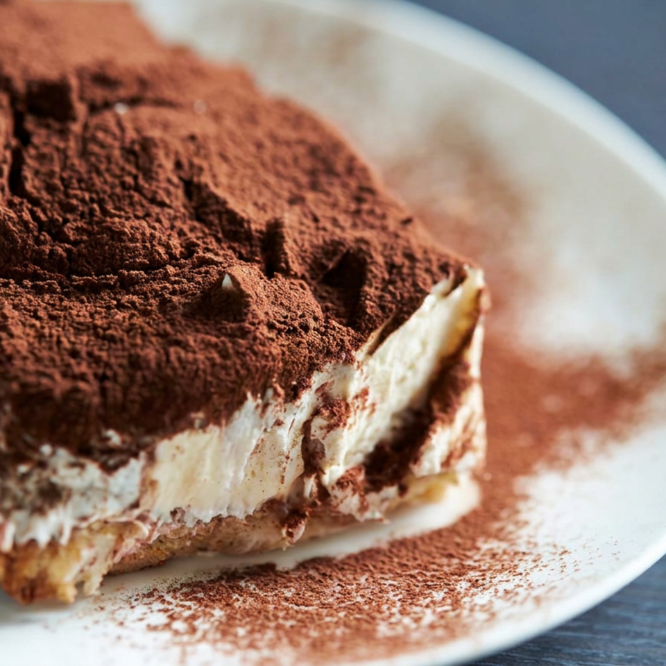 Slice of tiramisu layered with mascarpone cream and espresso-soaked cake, dusted with cocoa powder on a white plate.